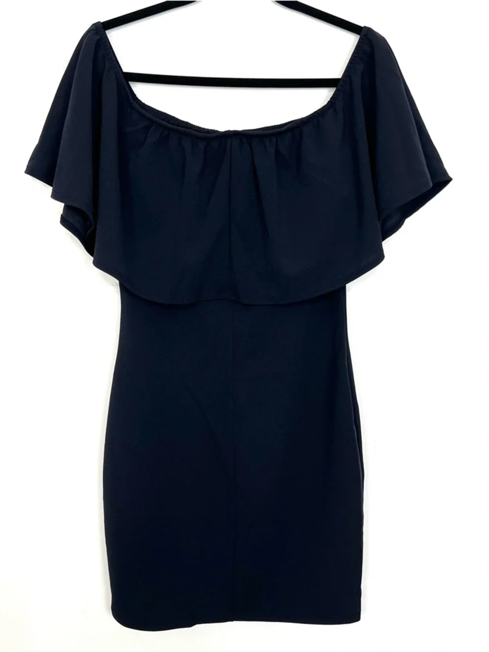 Brat Star Dark Navy Ruffle‎ Neck Off Shoulder Fitted Dress Large ly - Picture 3 of 3